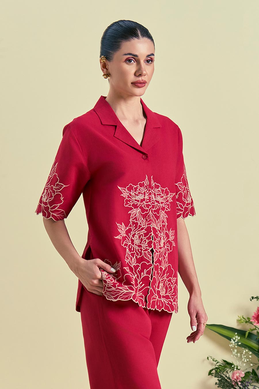 Red Amara Linen Embroidered Shirt