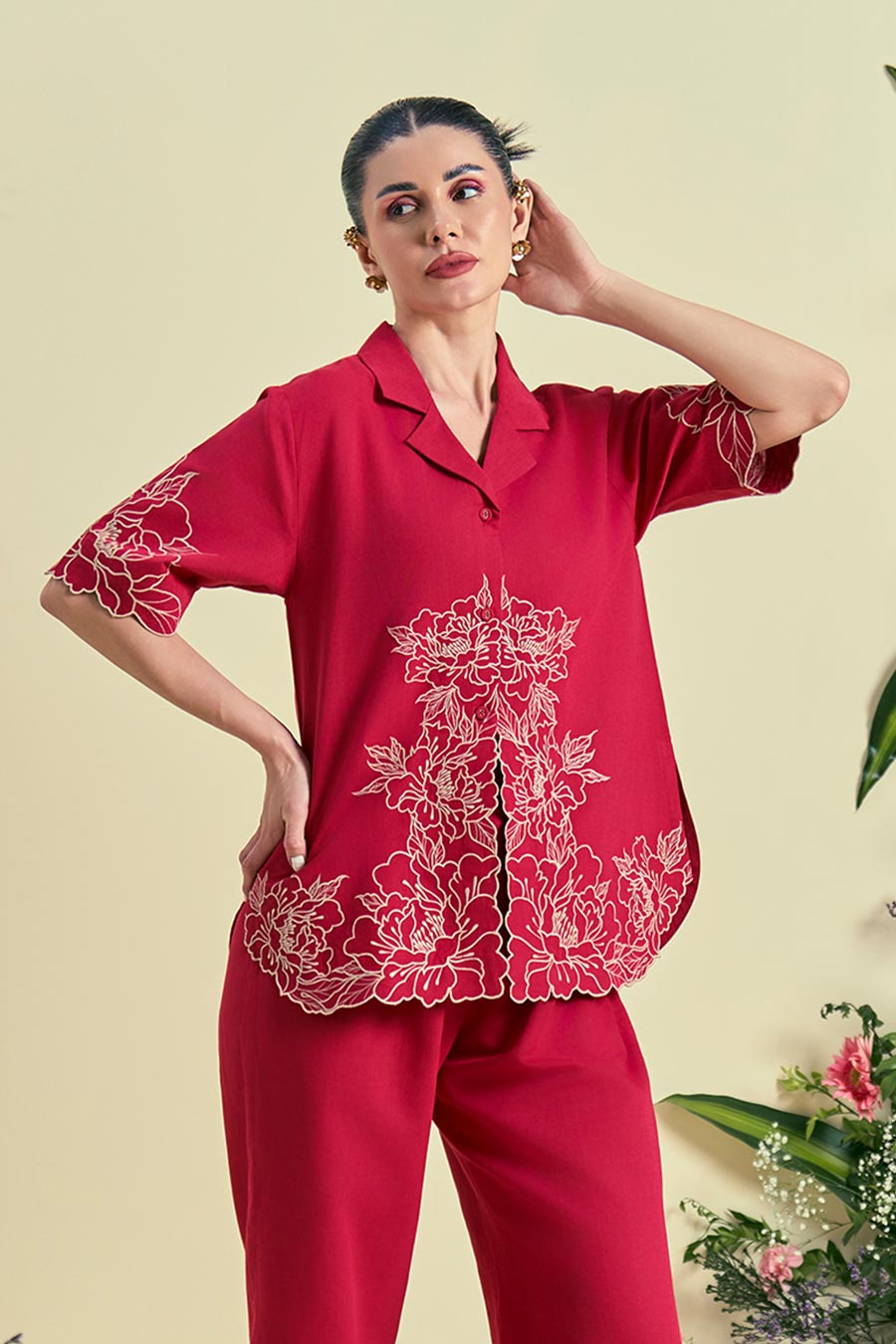 Red Amara Linen Embroidered Shirt