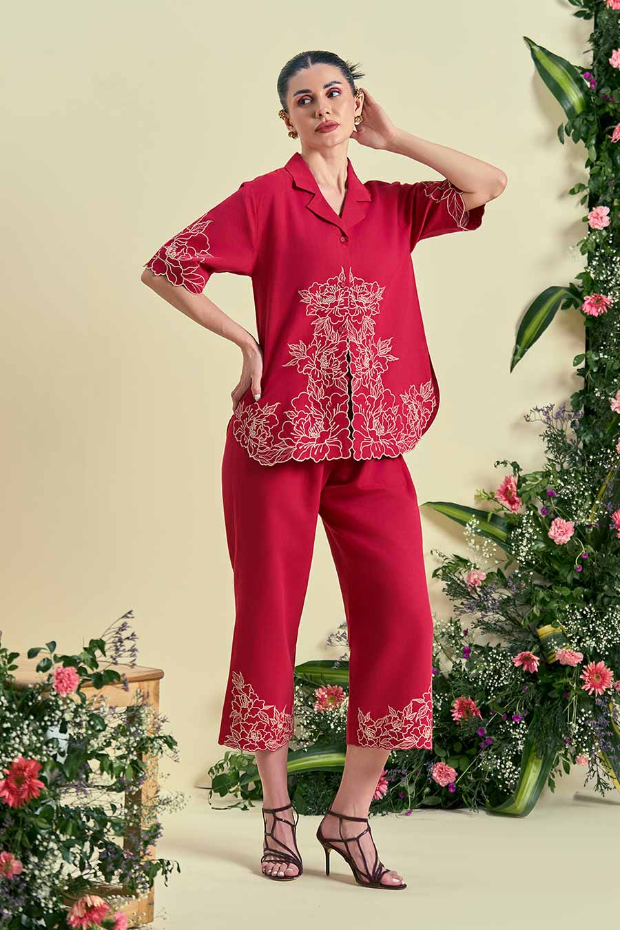 Red Amara Linen Embroidered Shirt