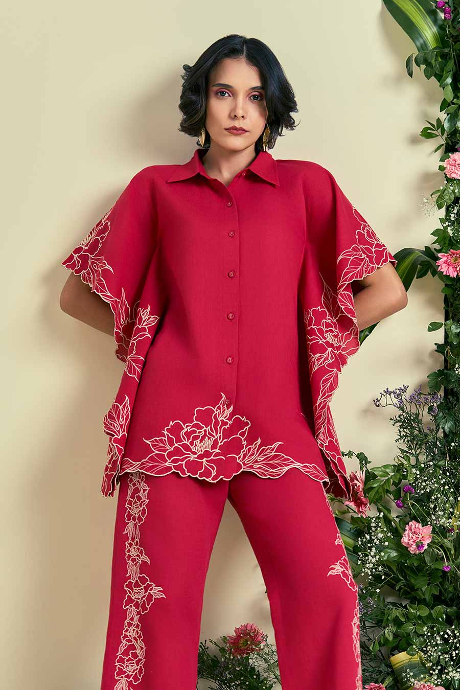 Red Jardin Linen Embroidered Kaftan Shirt