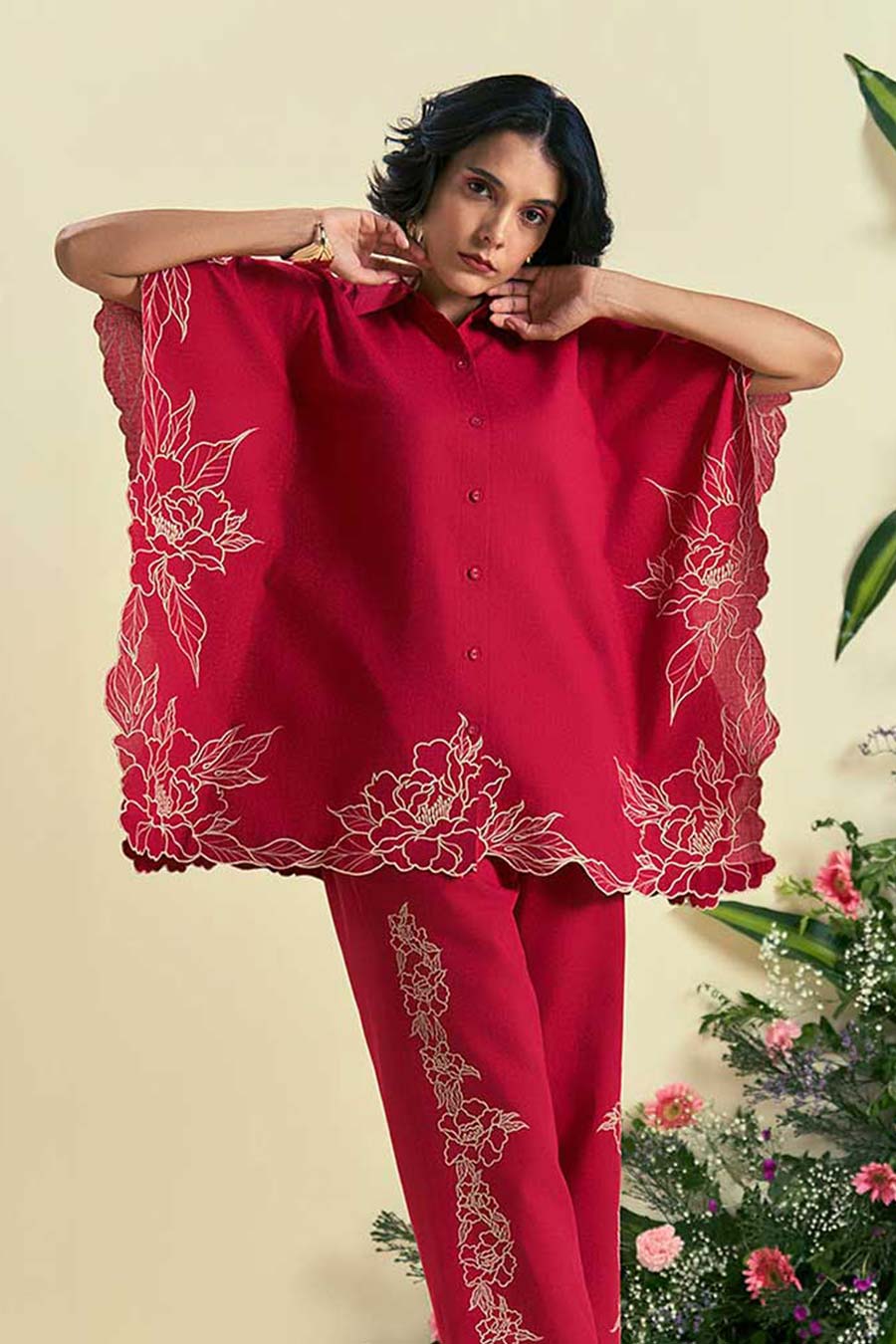 Red Jardin Linen Embroidered Kaftan Shirt