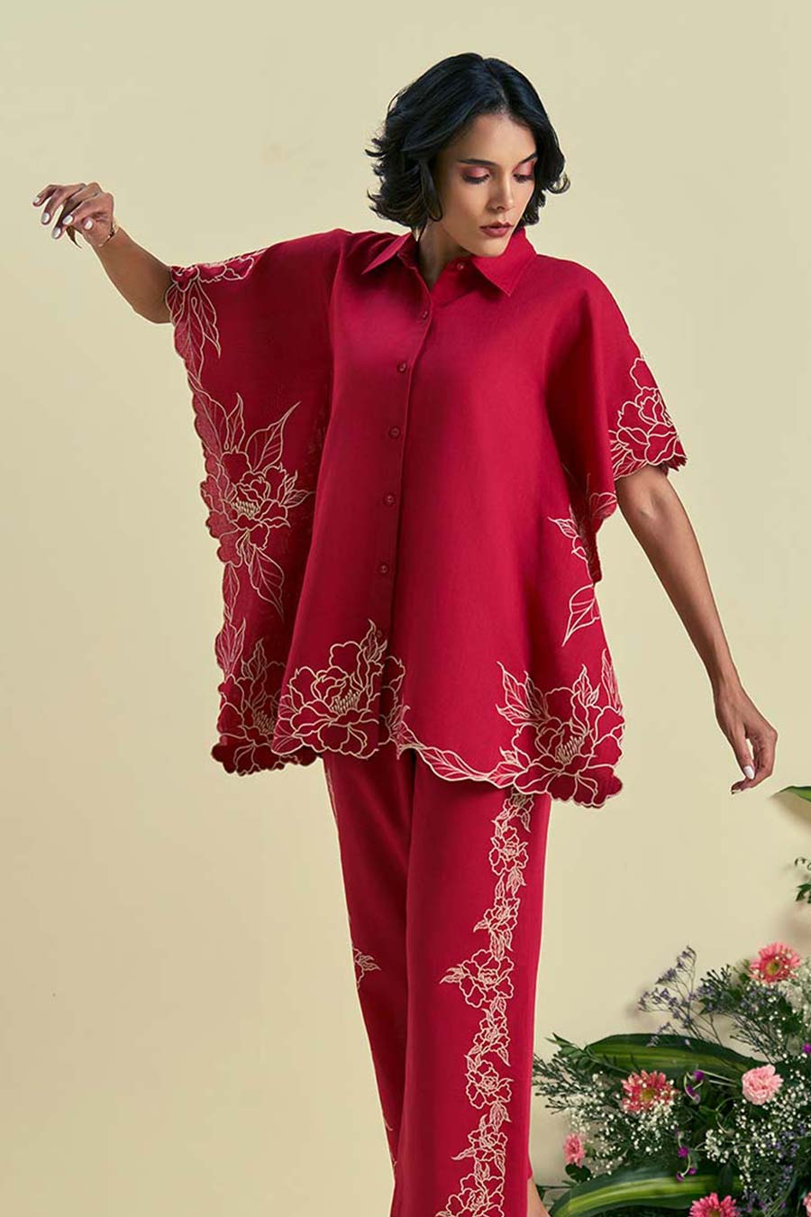 Red Jardin Linen Embroidered Kaftan Shirt