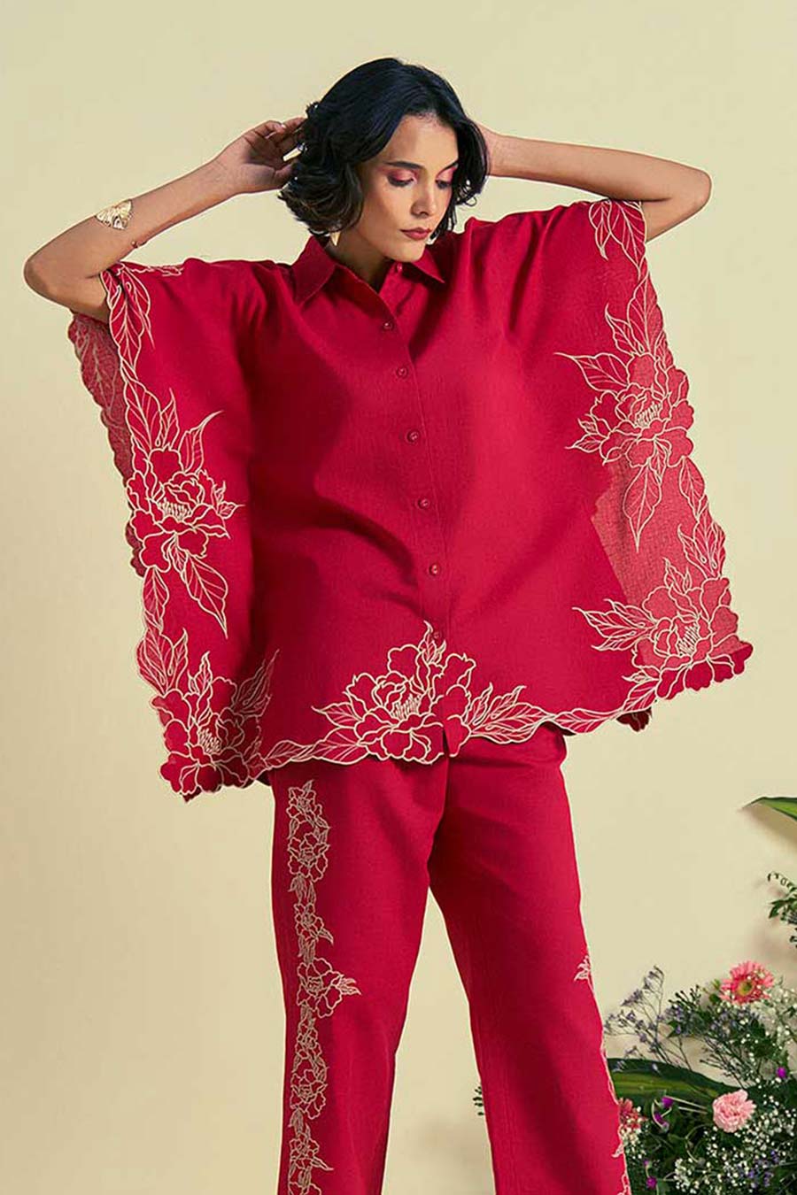 Red Jardin Linen Embroidered Kaftan Shirt