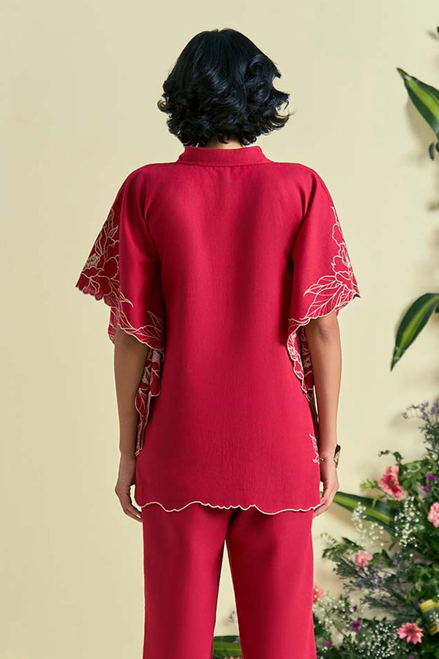 Red Jardin Linen Embroidered Kaftan Shirt