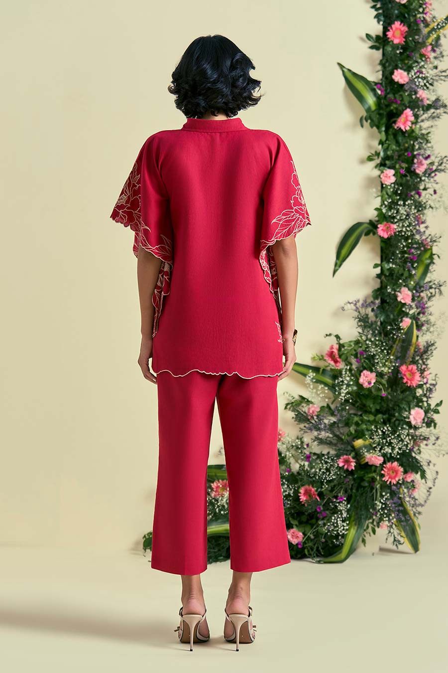 Red Jardin Linen Embroidered Kaftan Shirt