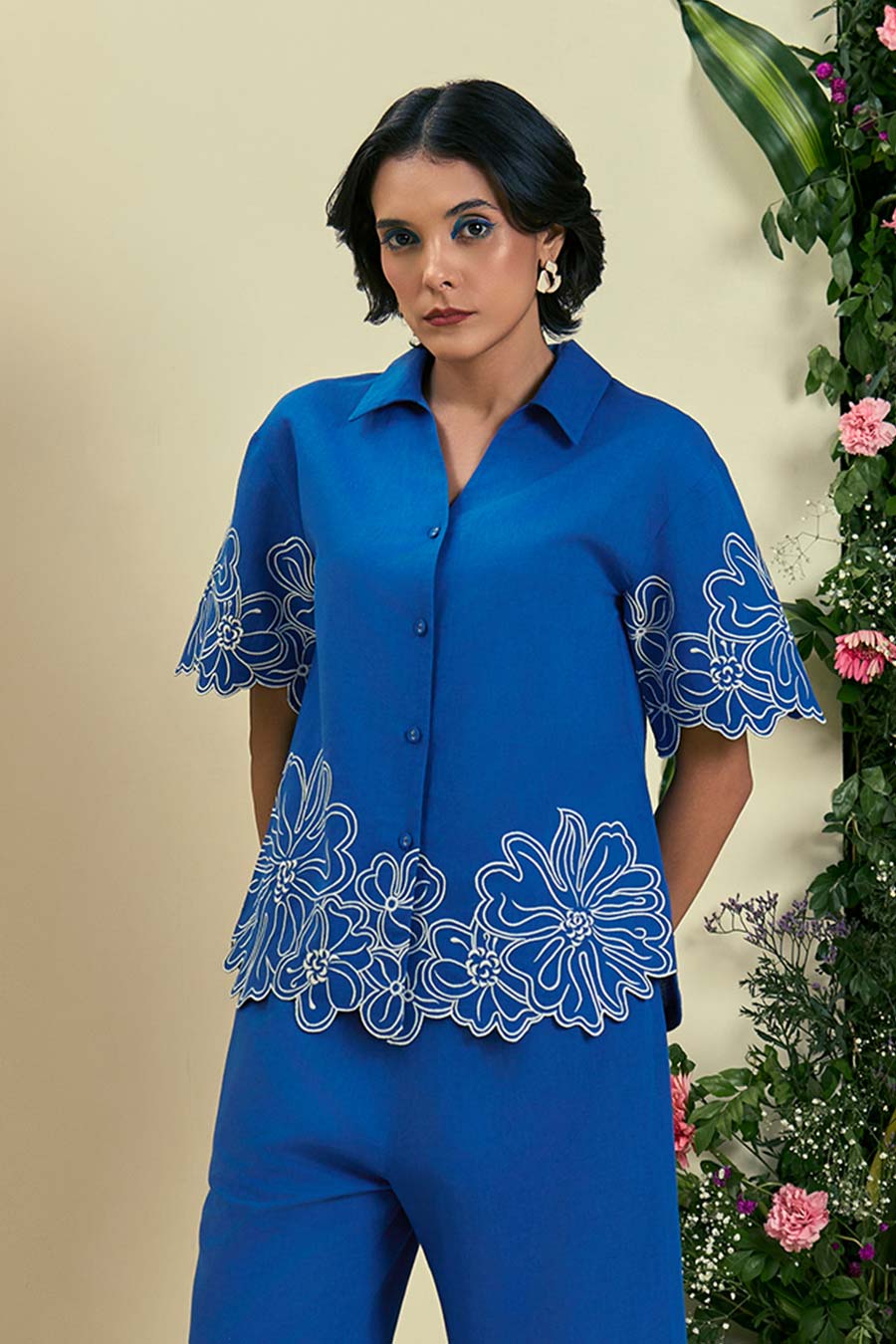 Blue Evaya Linen Embroidered Shirt