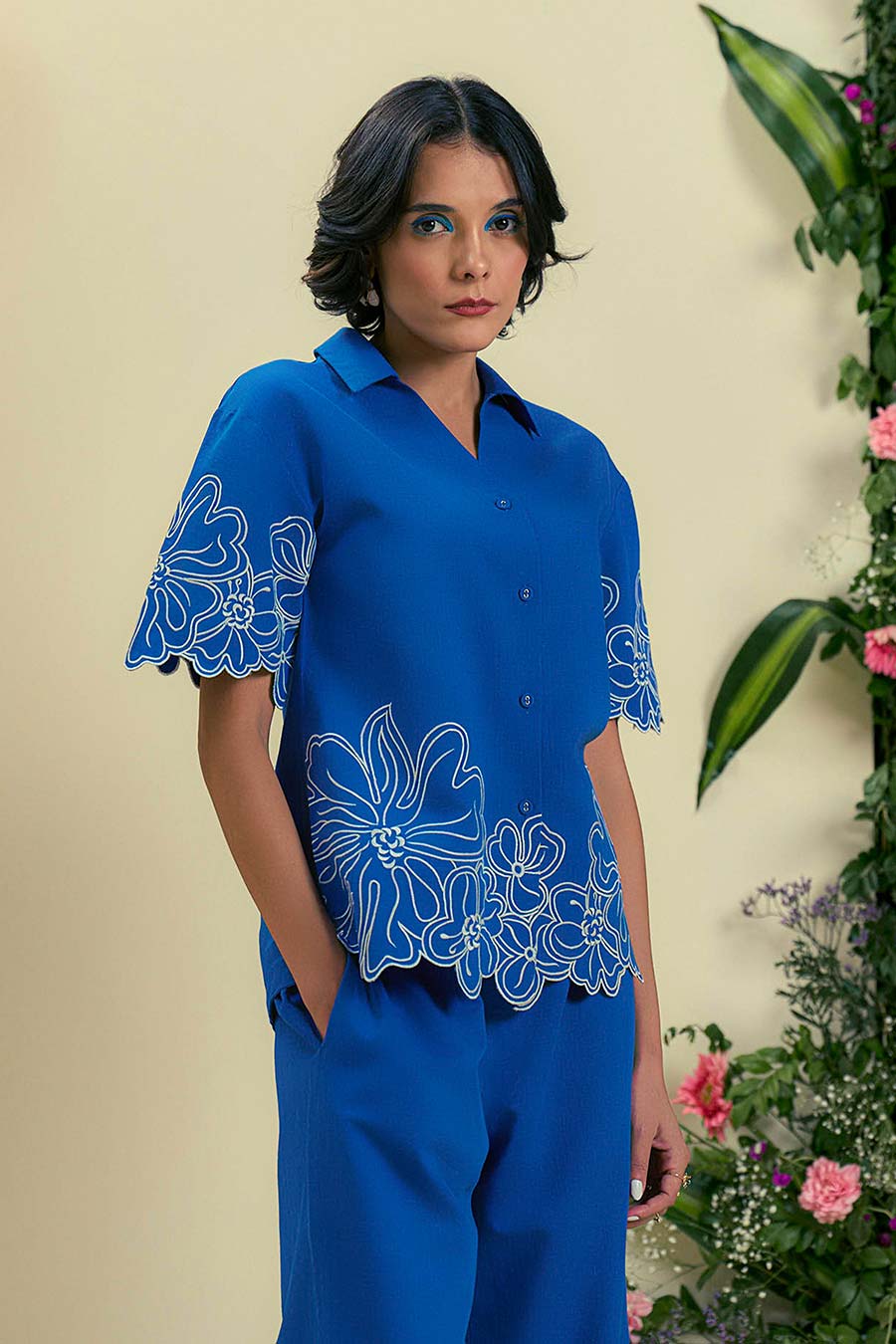 Blue Evaya Linen Embroidered Shirt