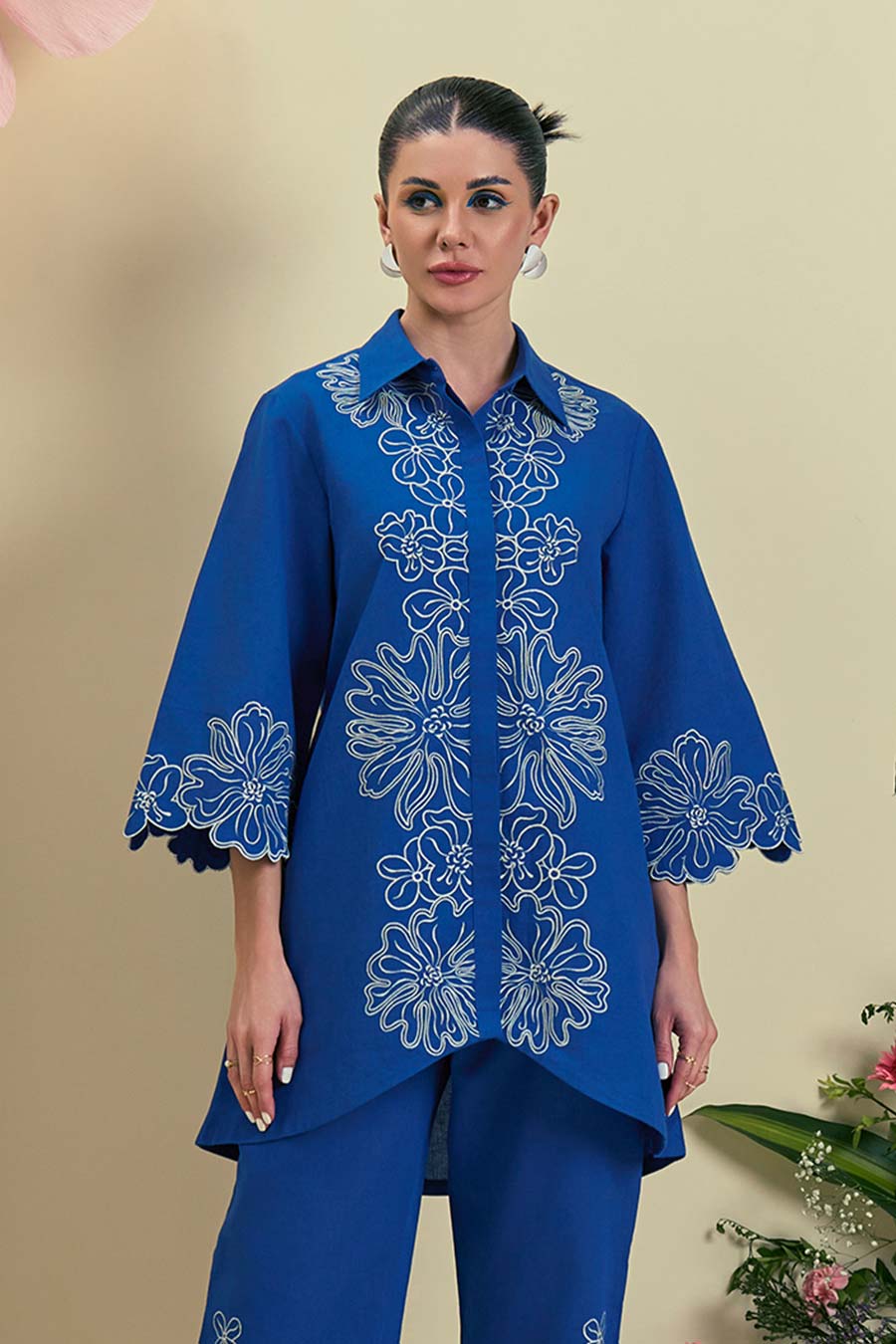 Blue Elise Linen Embroidered Shirt