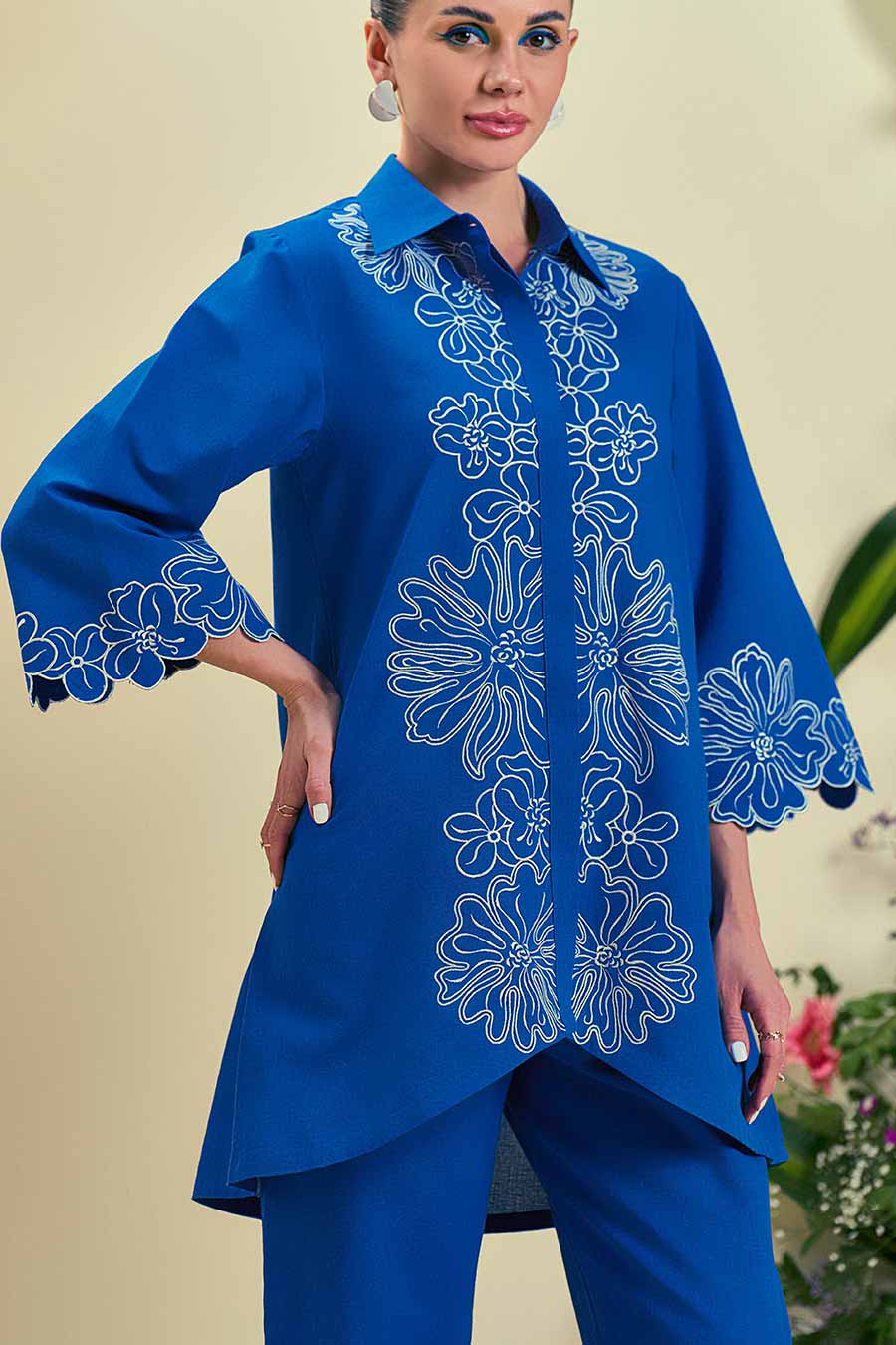 Blue Elise Linen Embroidered Shirt