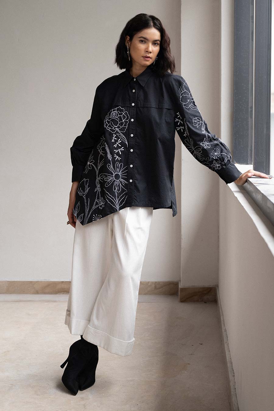 Black Blossom Embroidered Shirt