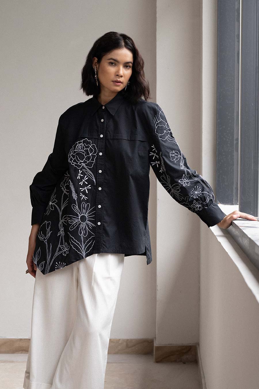 Black Blossom Embroidered Shirt