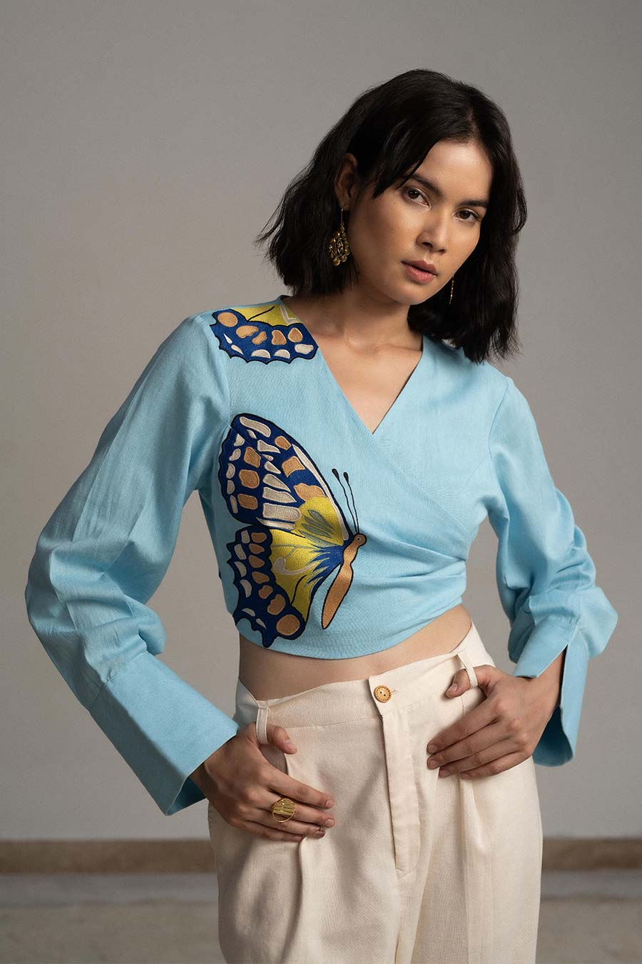 Blue Skies Butterfly Wrap Top