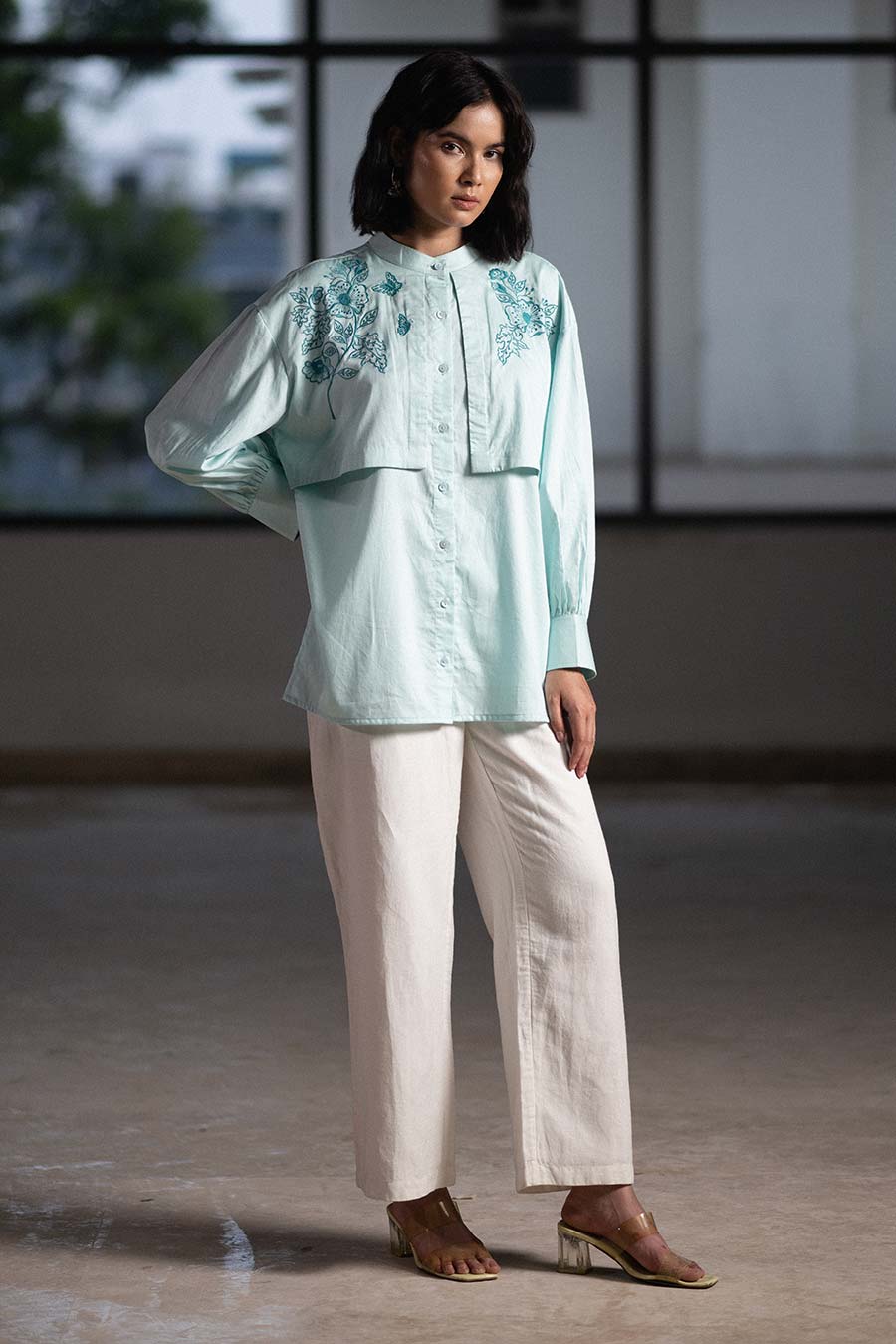 Blue Winged Embroidered Panel Shirt