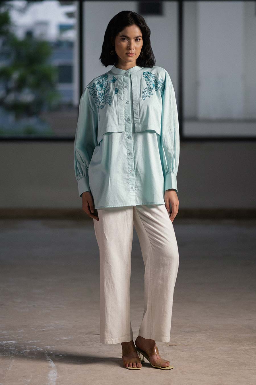 Blue Winged Embroidered Panel Shirt