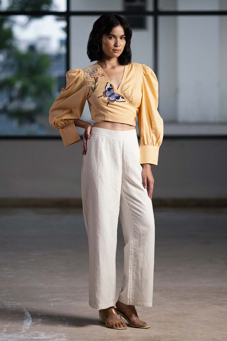 Beige Marigold Embroidered Wrap Top