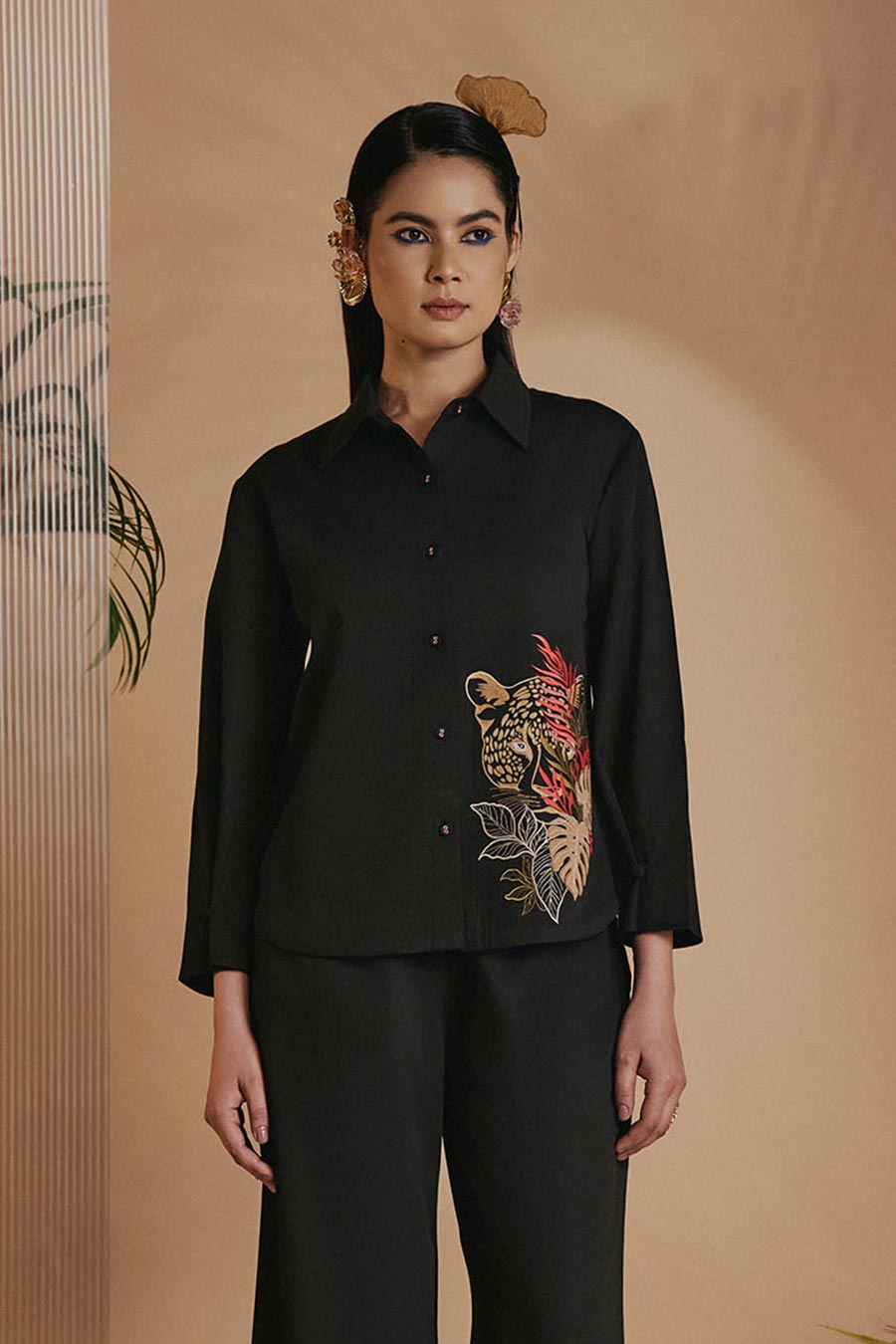 Black Leopard Embroidered Shirt