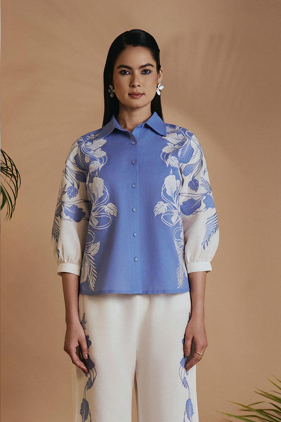 Blue & Ivory Petal Safari Embroidered Shirt