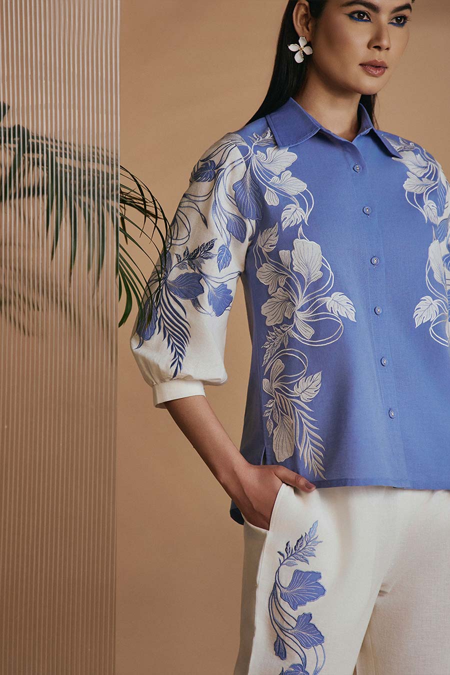 Blue & Ivory Petal Safari Embroidered Shirt