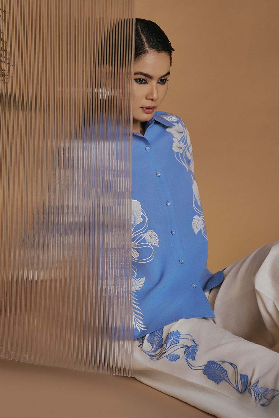 Blue & Ivory Petal Safari Embroidered Shirt