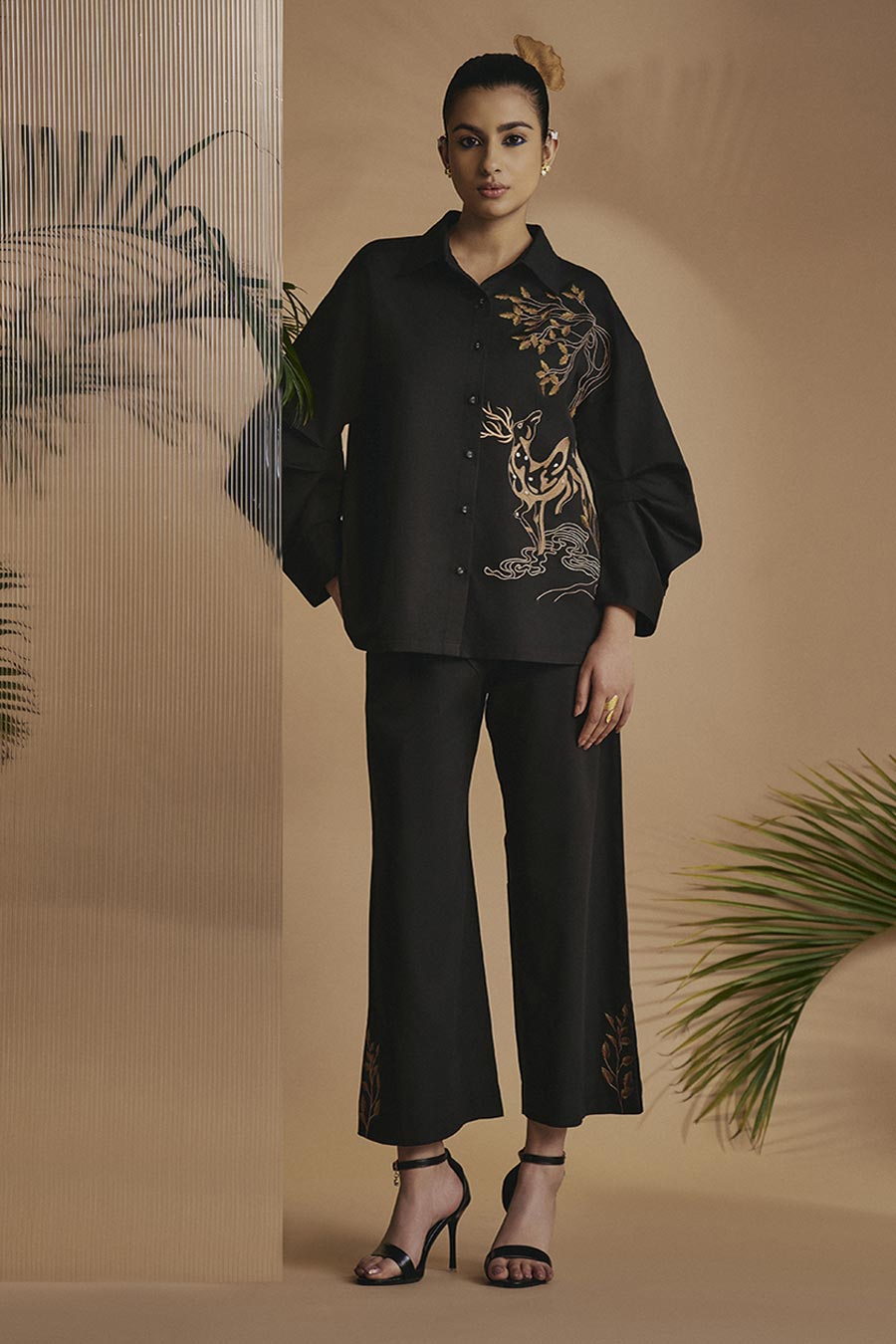 Black Deer In Bloom Embroidered Shirt