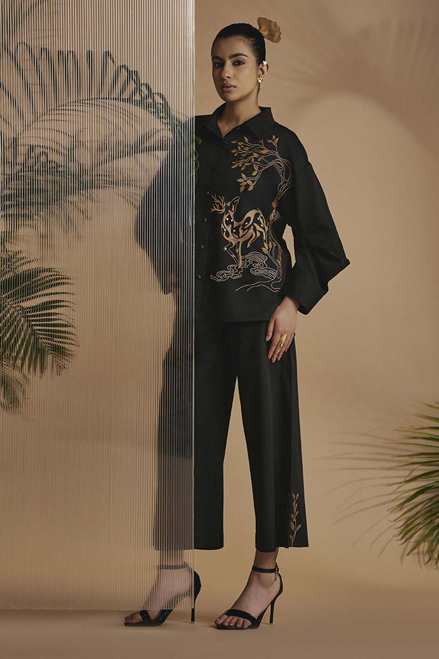 Black Deer In Bloom Embroidered Shirt