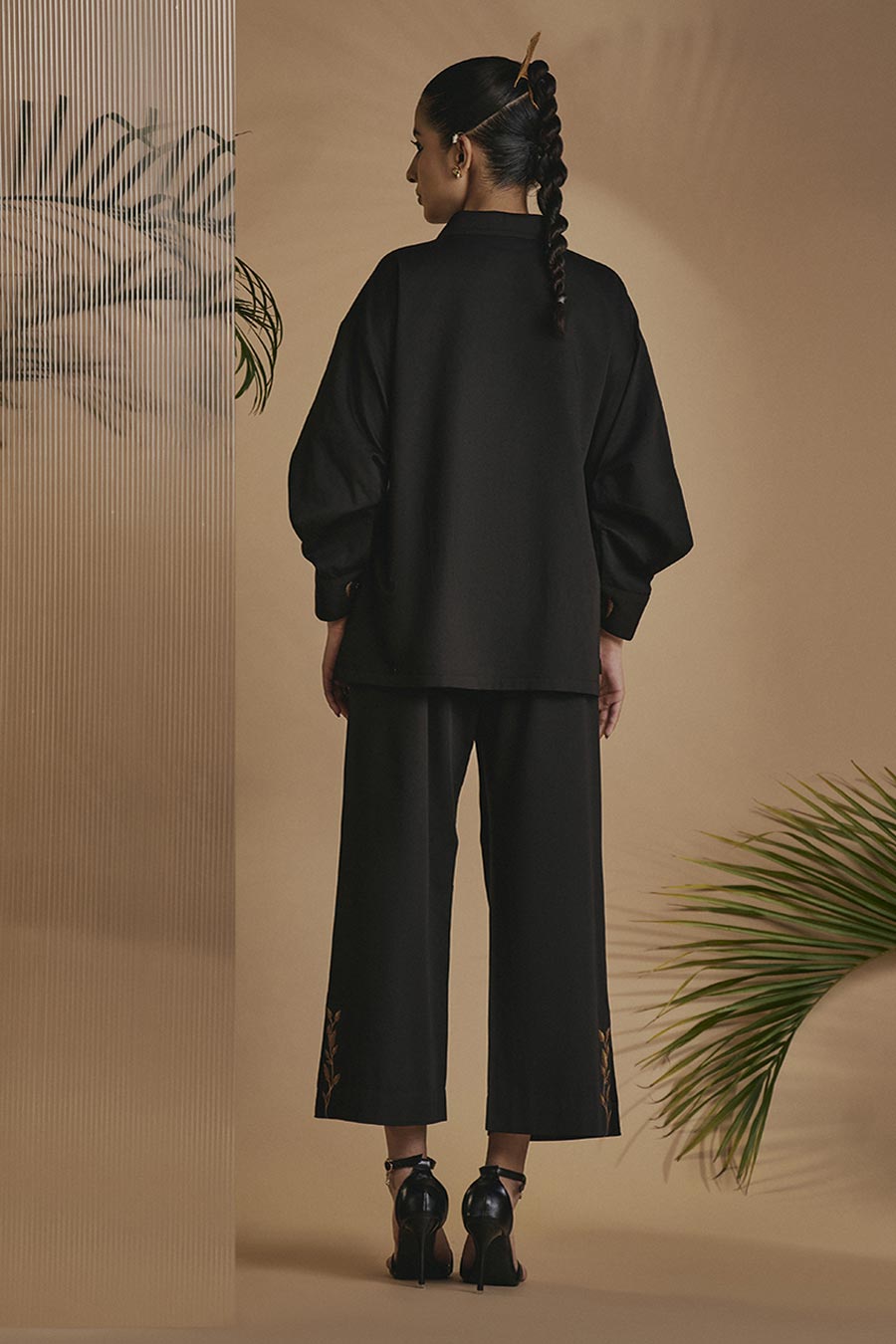 Black Deer In Bloom Embroidered Shirt