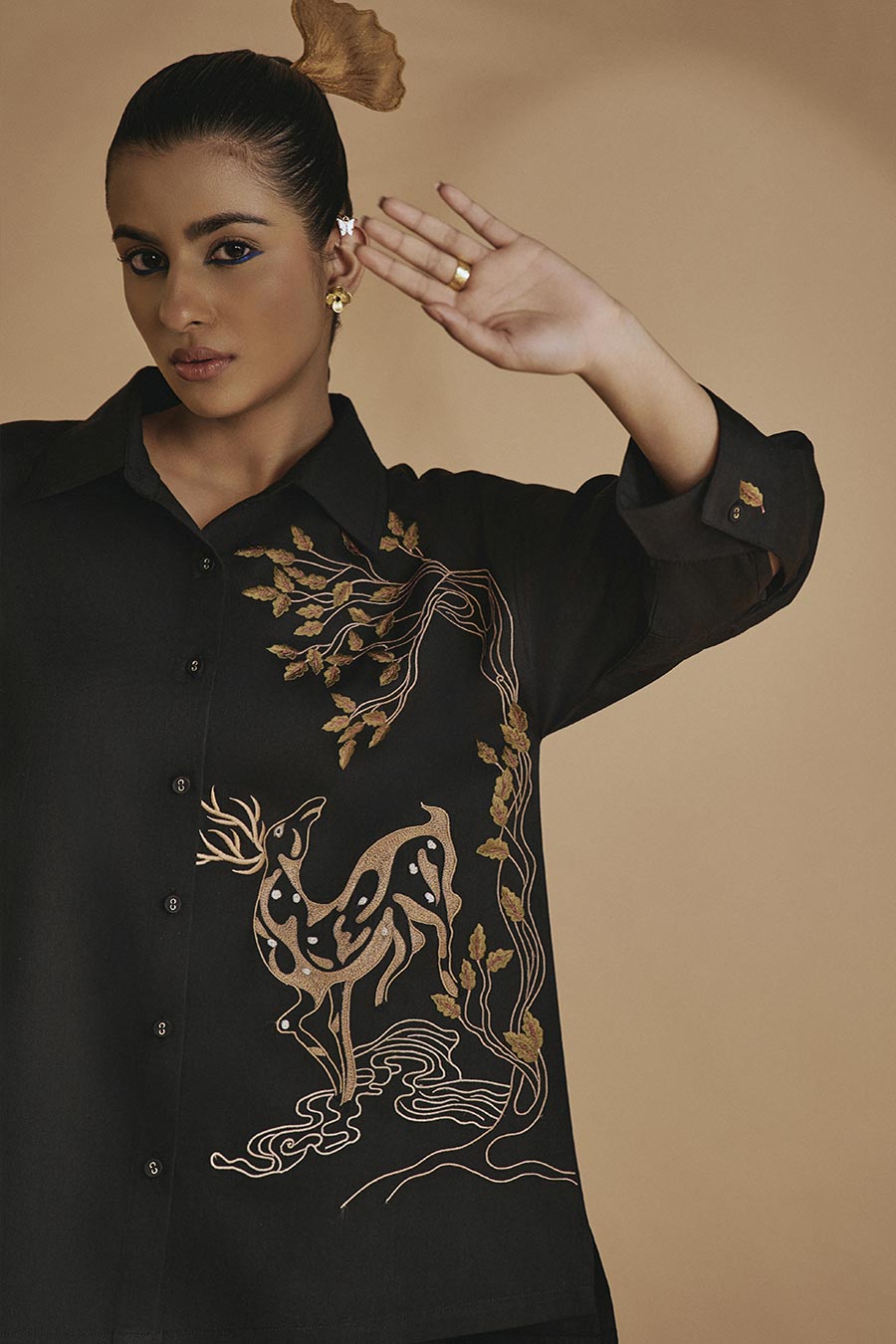 Black Deer In Bloom Embroidered Shirt