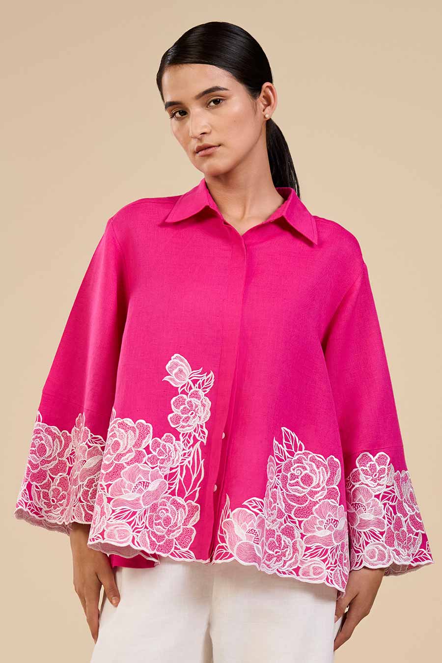 Fuchsia Pink Petal Garden Embroidered Shirt
