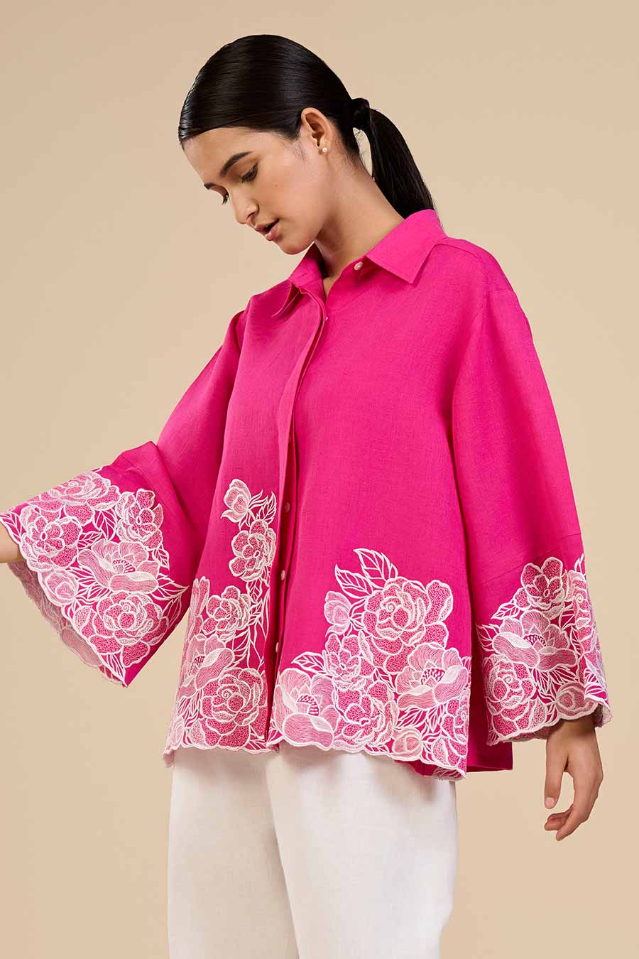 Fuchsia Pink Petal Garden Embroidered Shirt