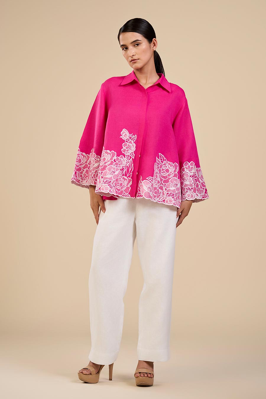 Fuchsia Pink Petal Garden Embroidered Shirt