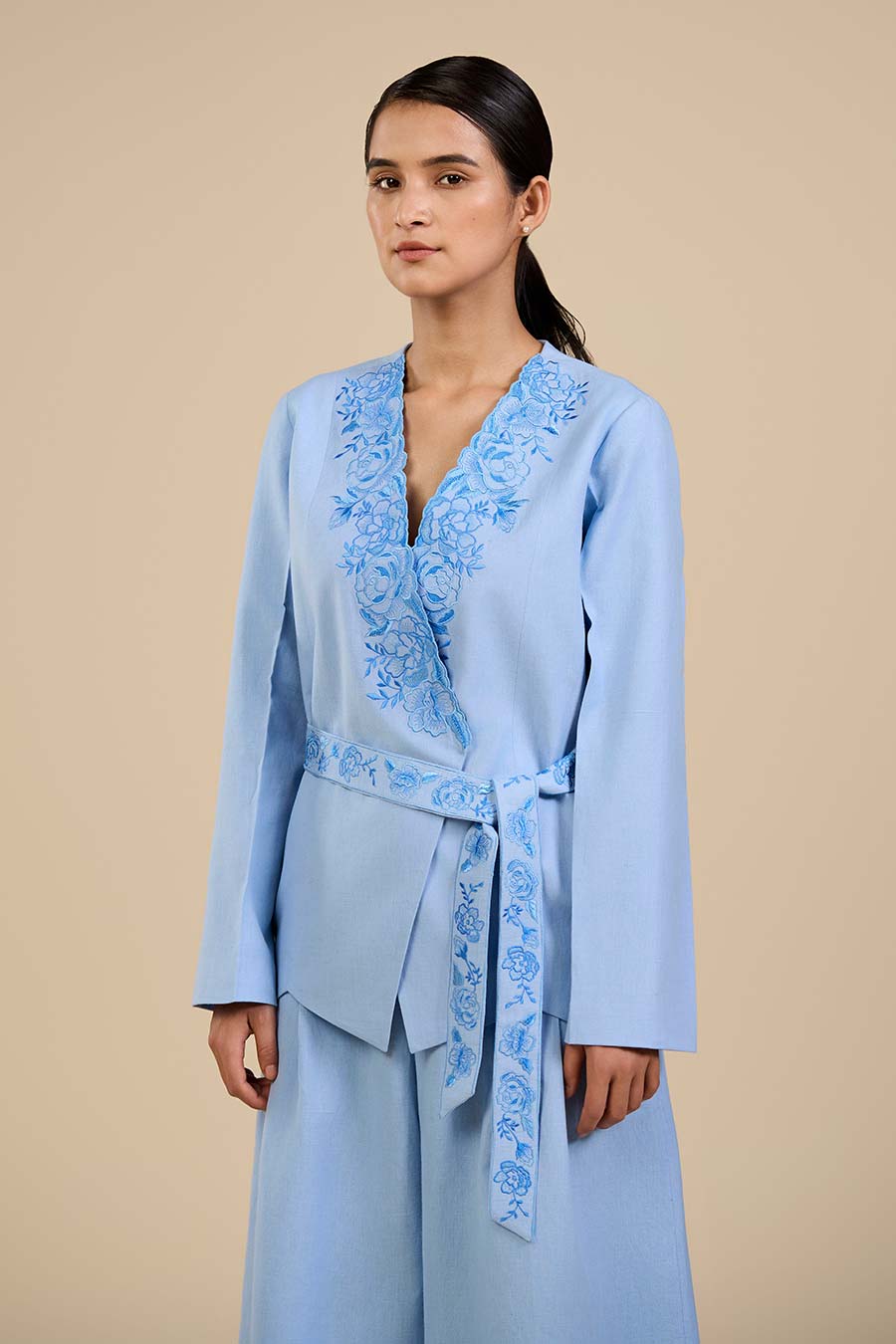 Ice Blue Rose Embroidered Blazer