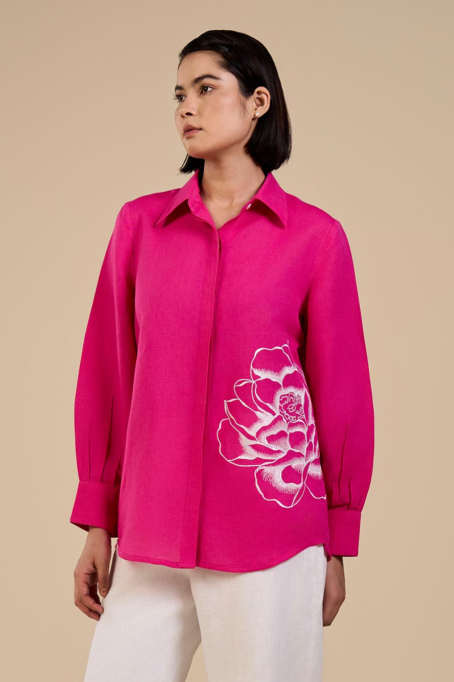 Fuchsia Pink Blooming Rose Embroidered Shirt