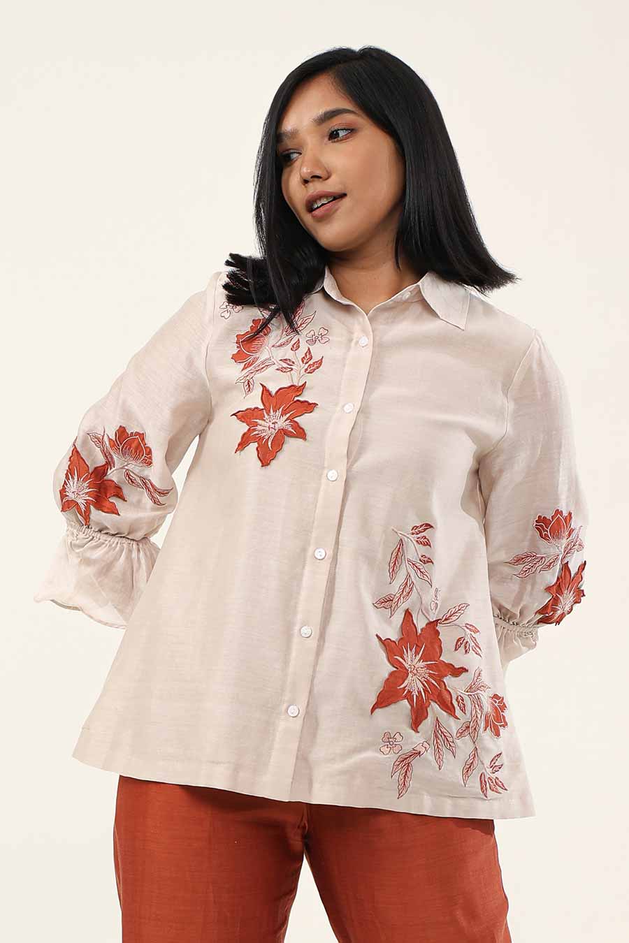 Off-White & Rust Jasmine Embroidered Shirt