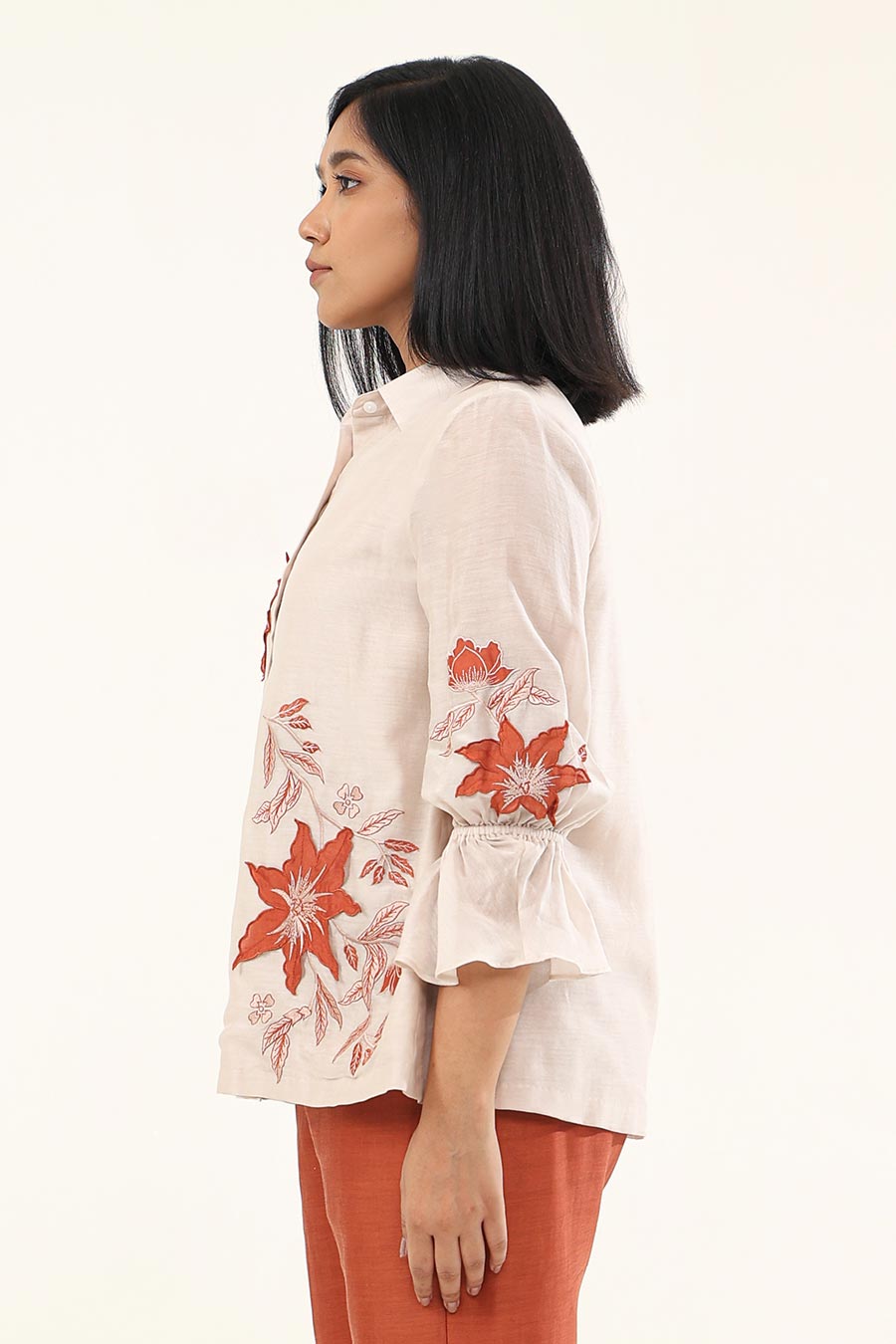 Off-White & Rust Jasmine Embroidered Shirt