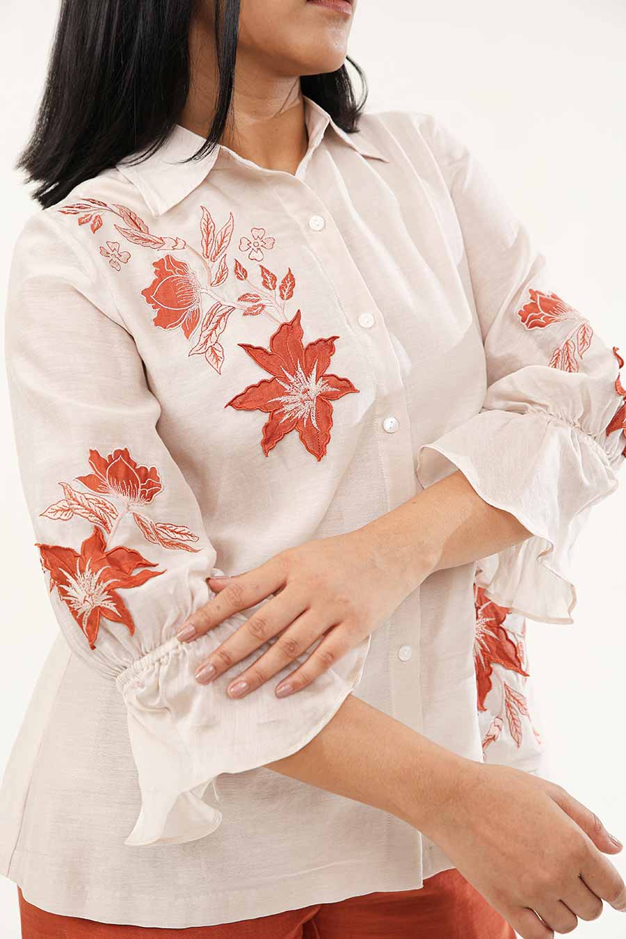 Off-White & Rust Jasmine Embroidered Shirt
