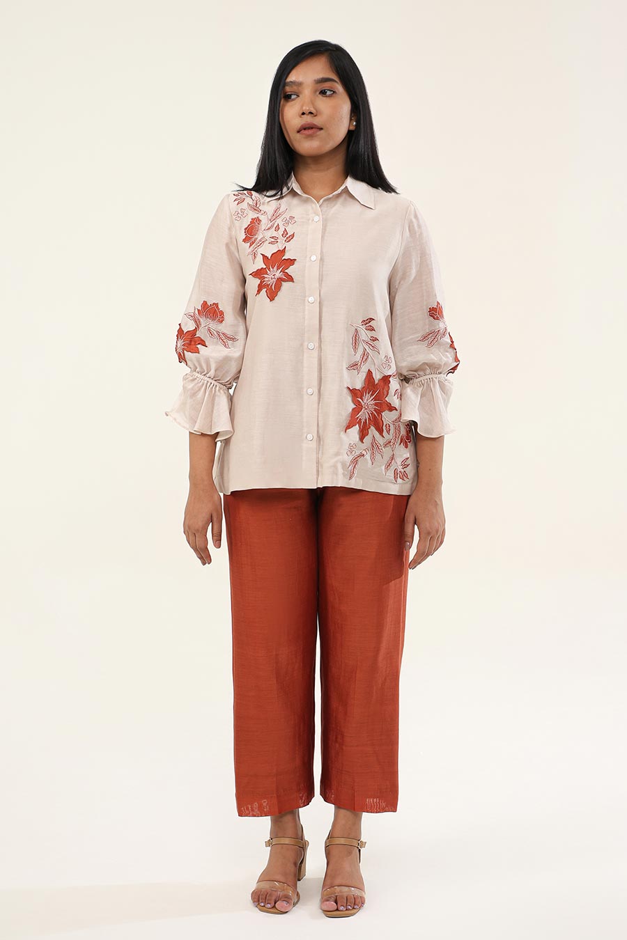 Off-White & Rust Jasmine Embroidered Shirt