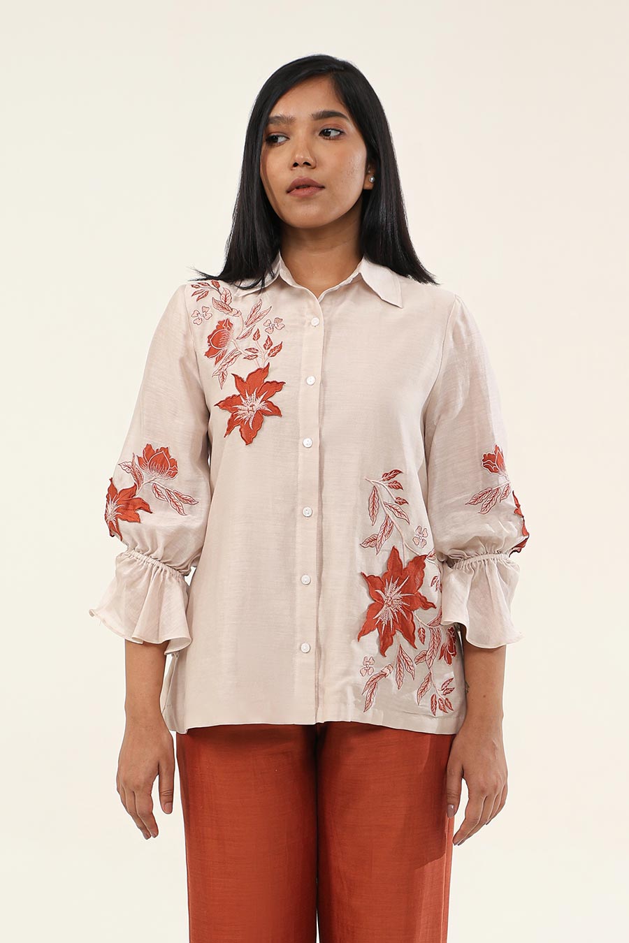 Off-White & Rust Jasmine Embroidered Shirt