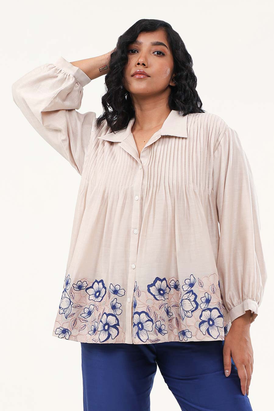 Off-White & Blue Zinnia Embroidered Shirt