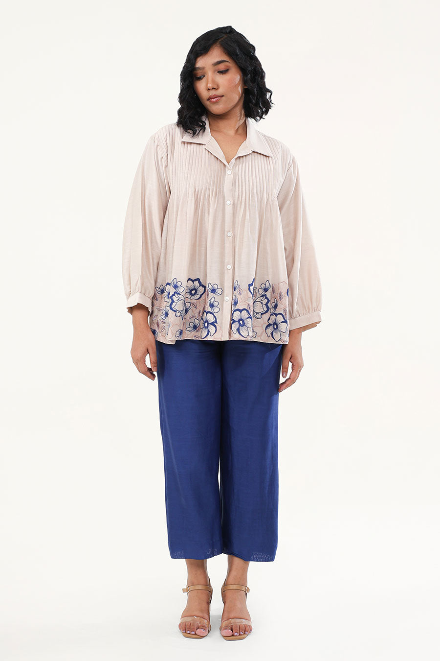 Off-White & Blue Zinnia Embroidered Shirt