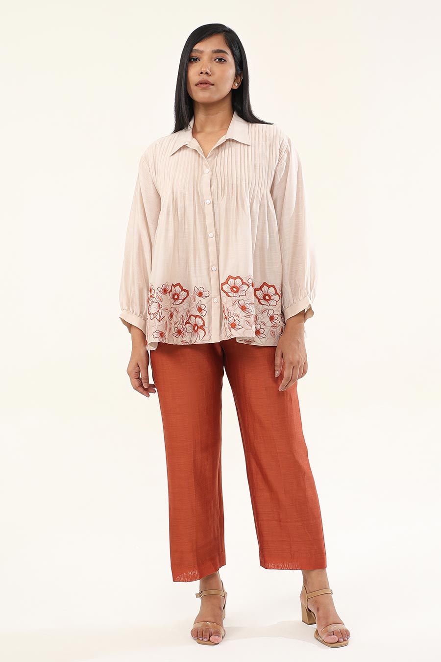 Off-White & Rust Zinnia Embroidered Shirt
