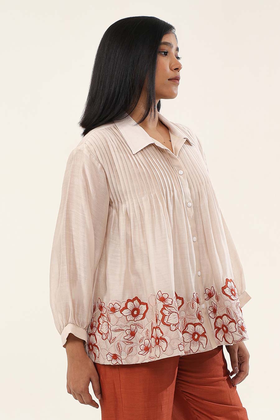 Off-White & Rust Zinnia Embroidered Shirt