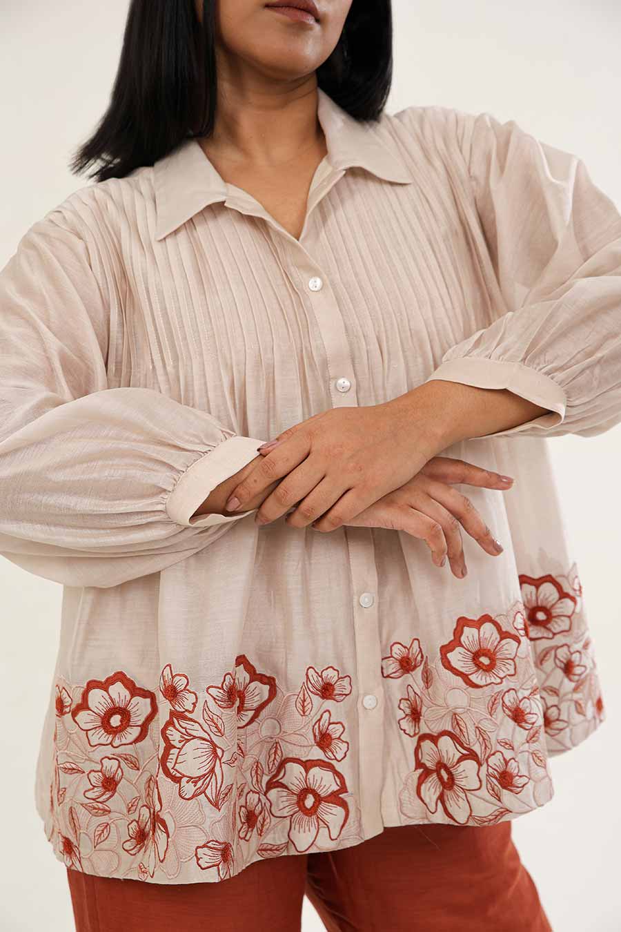 Off-White & Rust Zinnia Embroidered Shirt