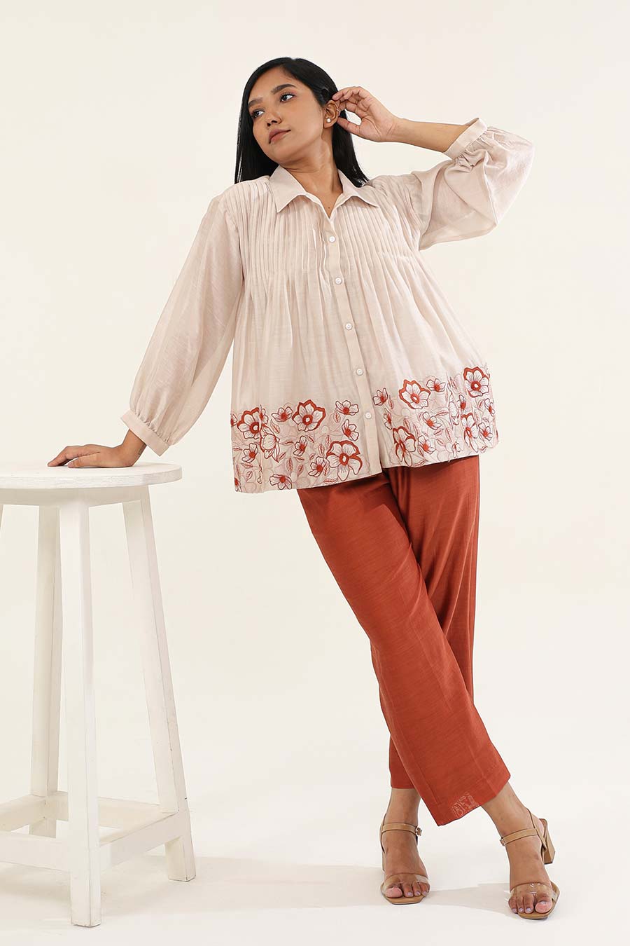 Off-White & Rust Zinnia Embroidered Shirt