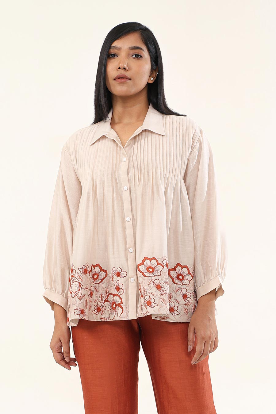 Off-White & Rust Zinnia Embroidered Shirt