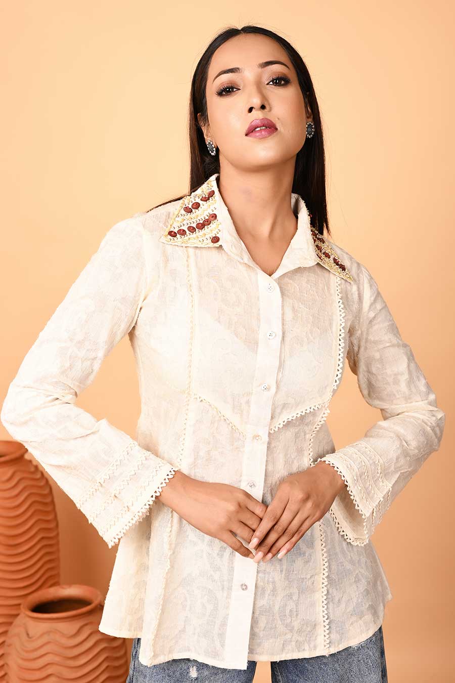 Ivory Jacquard Embroidered Shirt