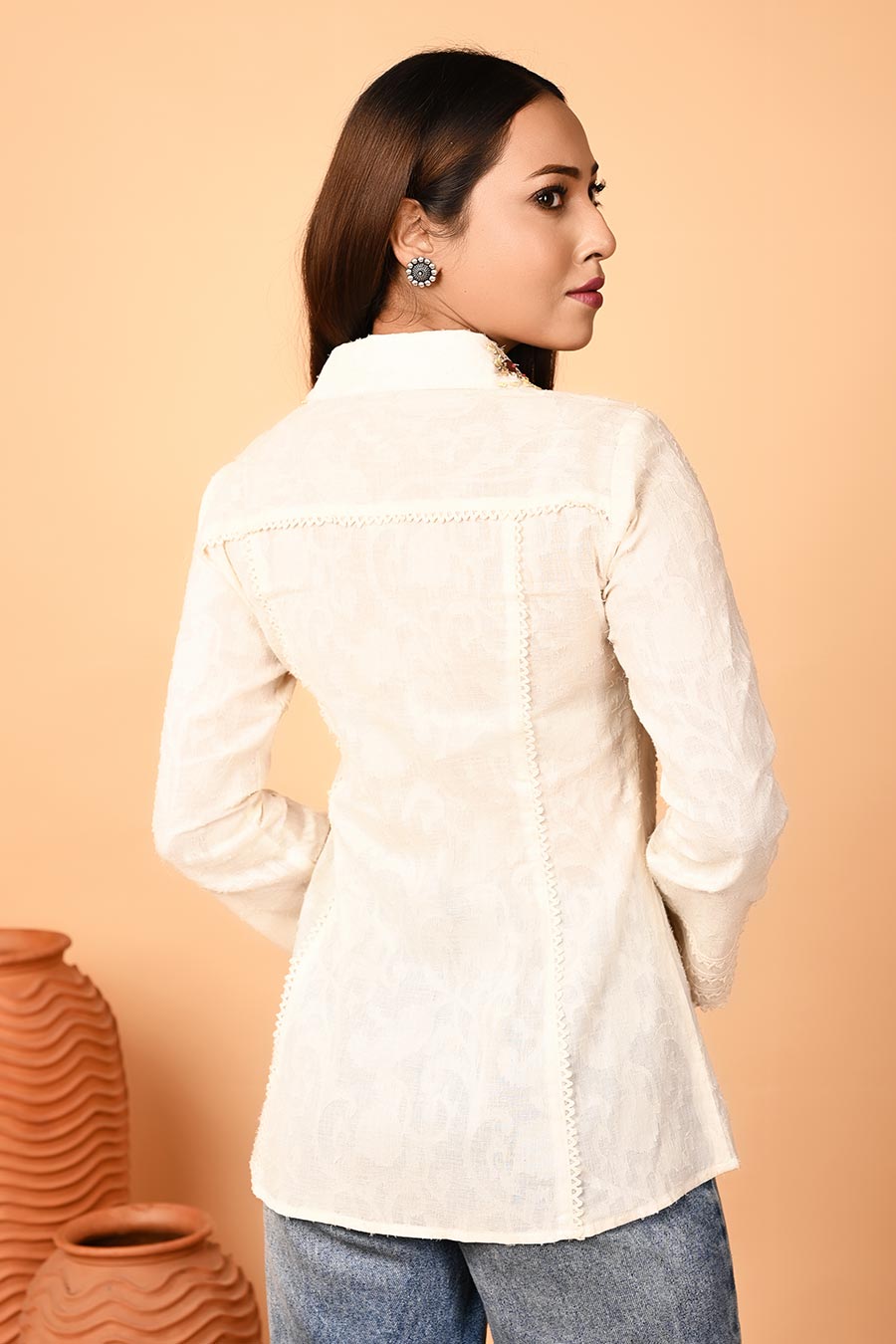 Ivory Jacquard Embroidered Shirt