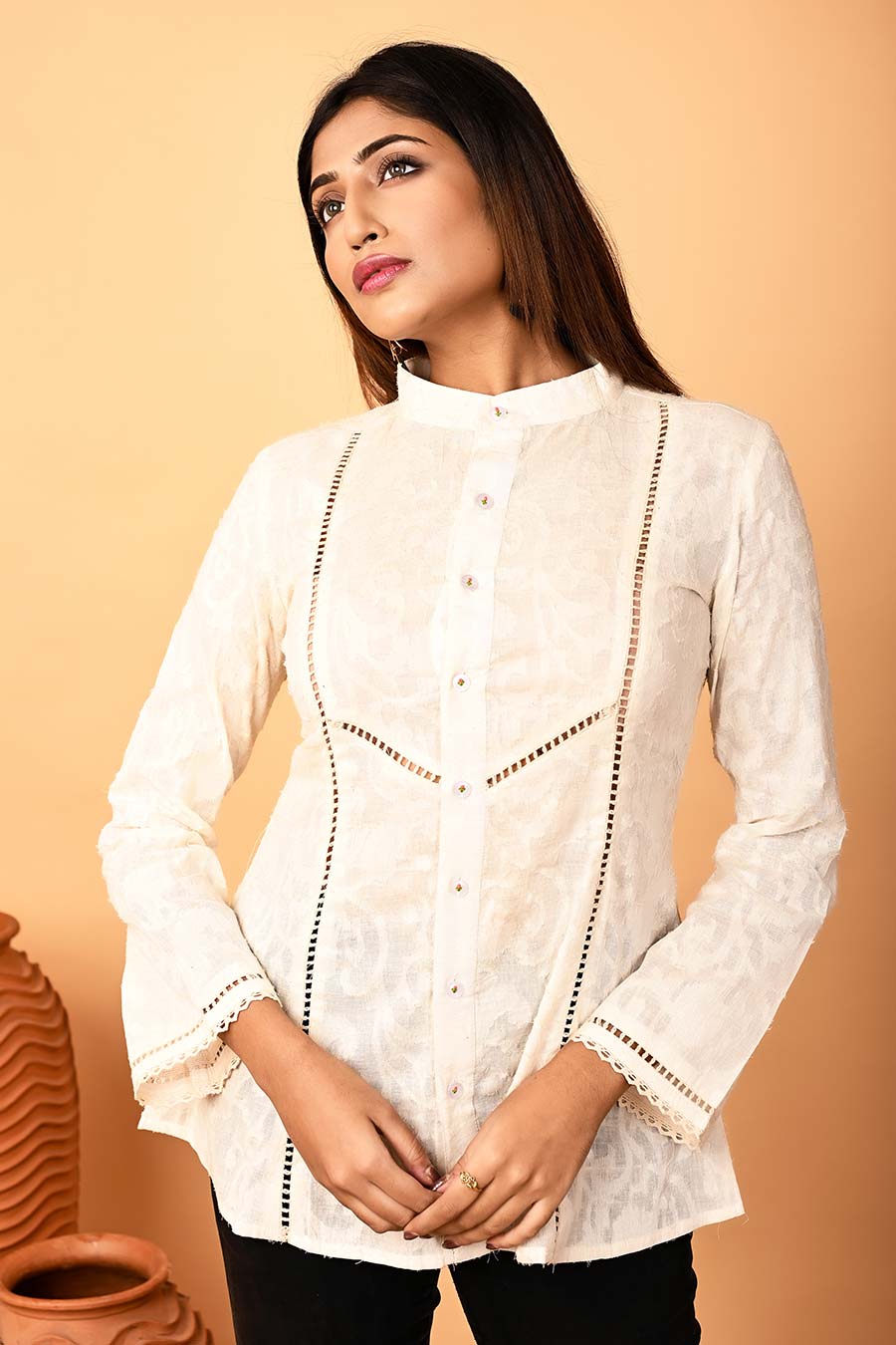 Ivory Jacquard Lace Detailing Shirt