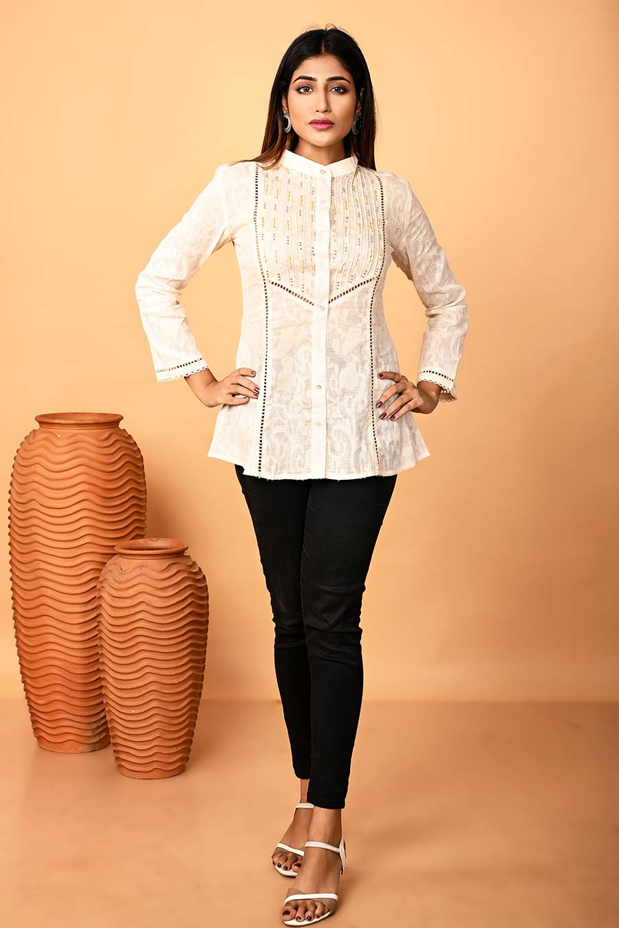 Ivory Pintuck Hand-Embroidered Shirt