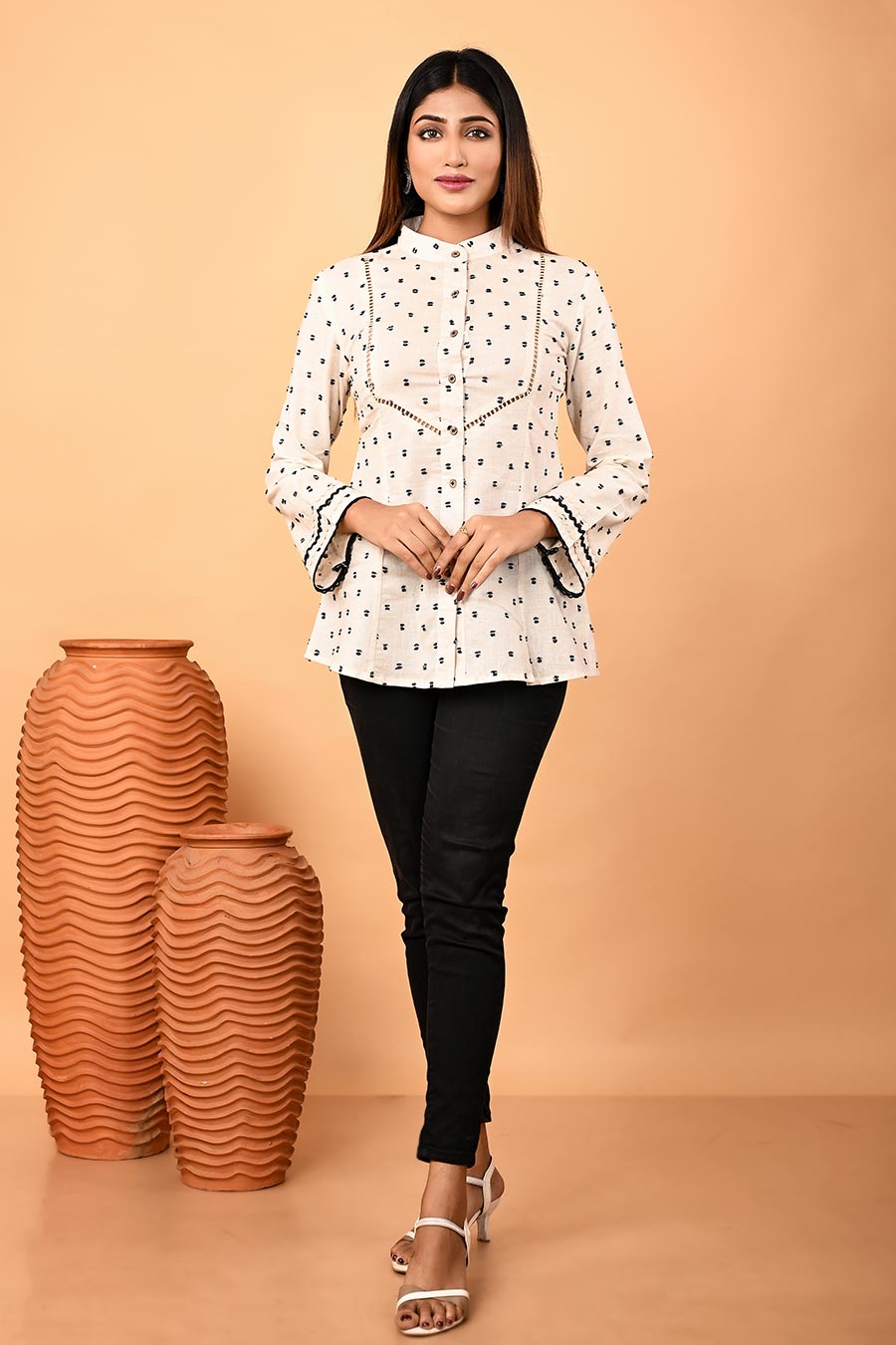 Ivory Linen Dobby Lace Detailing Shirt