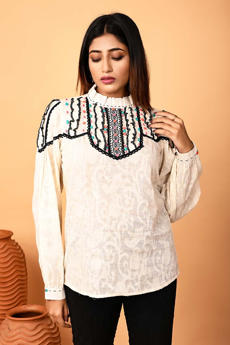 Ivory Beads Embroidered Top